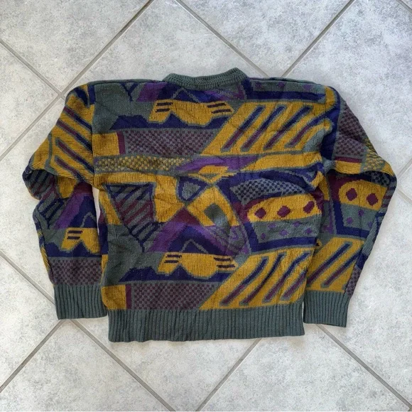 Vintage 90s Todays News Acrylic Knit Sweater Retro Abstract  Knit Multicolor - Picture 2 of 5